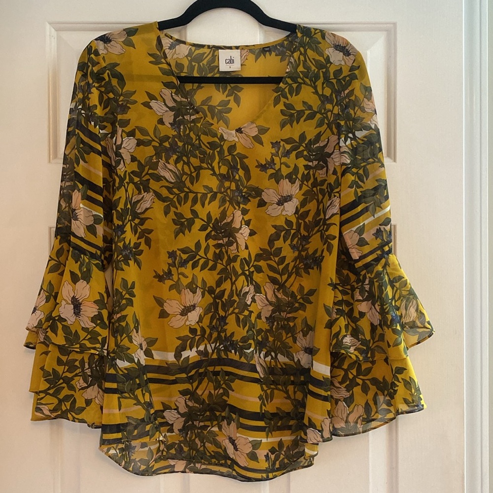 CAbi Yellow Floral Boho Blouse Bell Sleeve Sheer Top Size S Spring